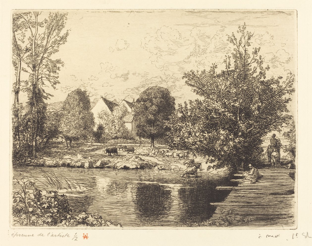 Gammel gangbro, Banks of the Small Morin (Vieille passerelle, bords du petit morin) av Auguste Lepere