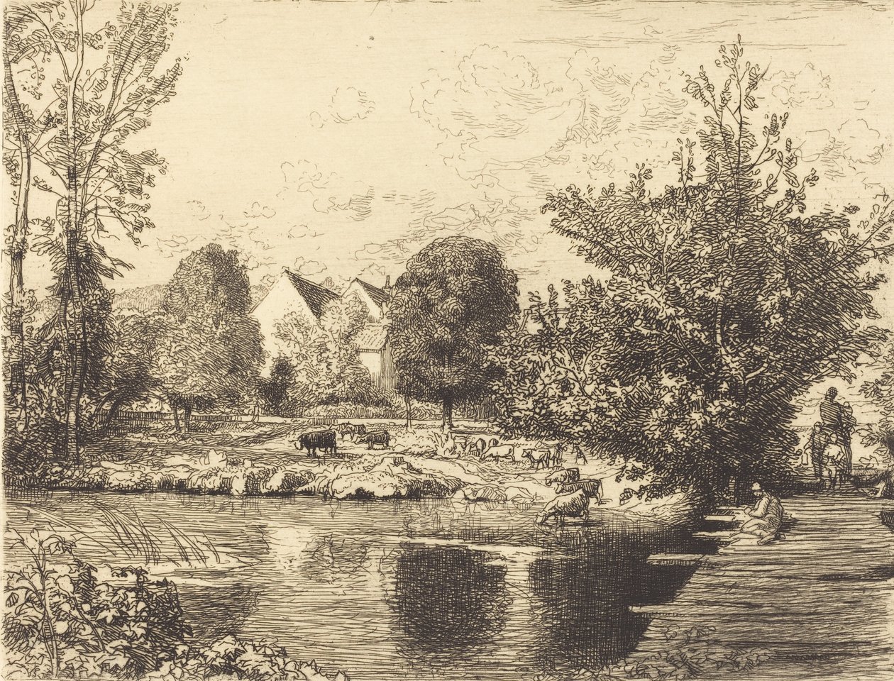 Gammel gangbro, bredden av den lille Morin Vieille passerelle, bords du petit morin, 1915. av Auguste Lepere