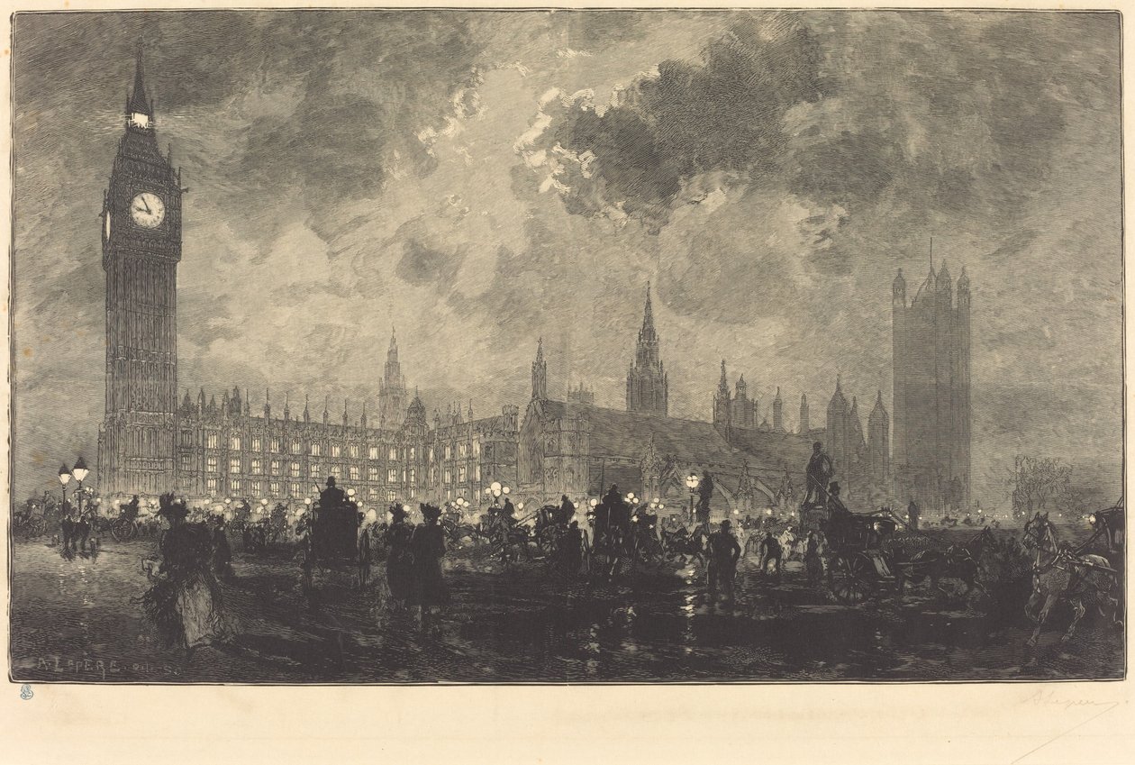 Parlamentet klokken 9 om kvelden - London av Auguste Lepere