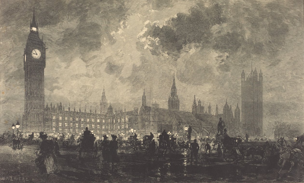 Parlamentet klokken 9 om kvelden – London-parlamentet klokken 9 om kvelden – London, 1890. av Auguste Lepere