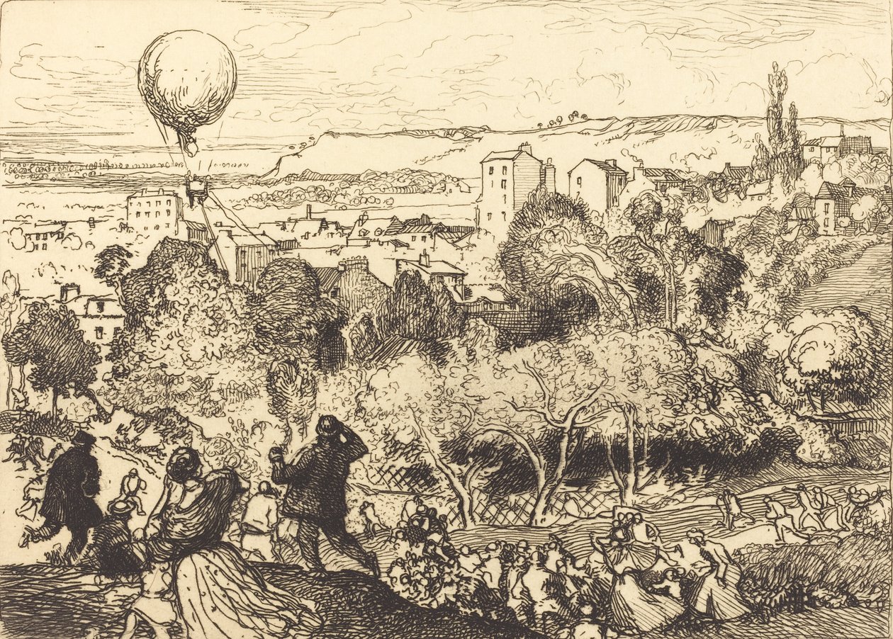 Den fallende ballongen, i Pre-Saint-Gervais Lebaloon qui grav, i Pre-Saint-Gervais, 1910. av Auguste Lepere