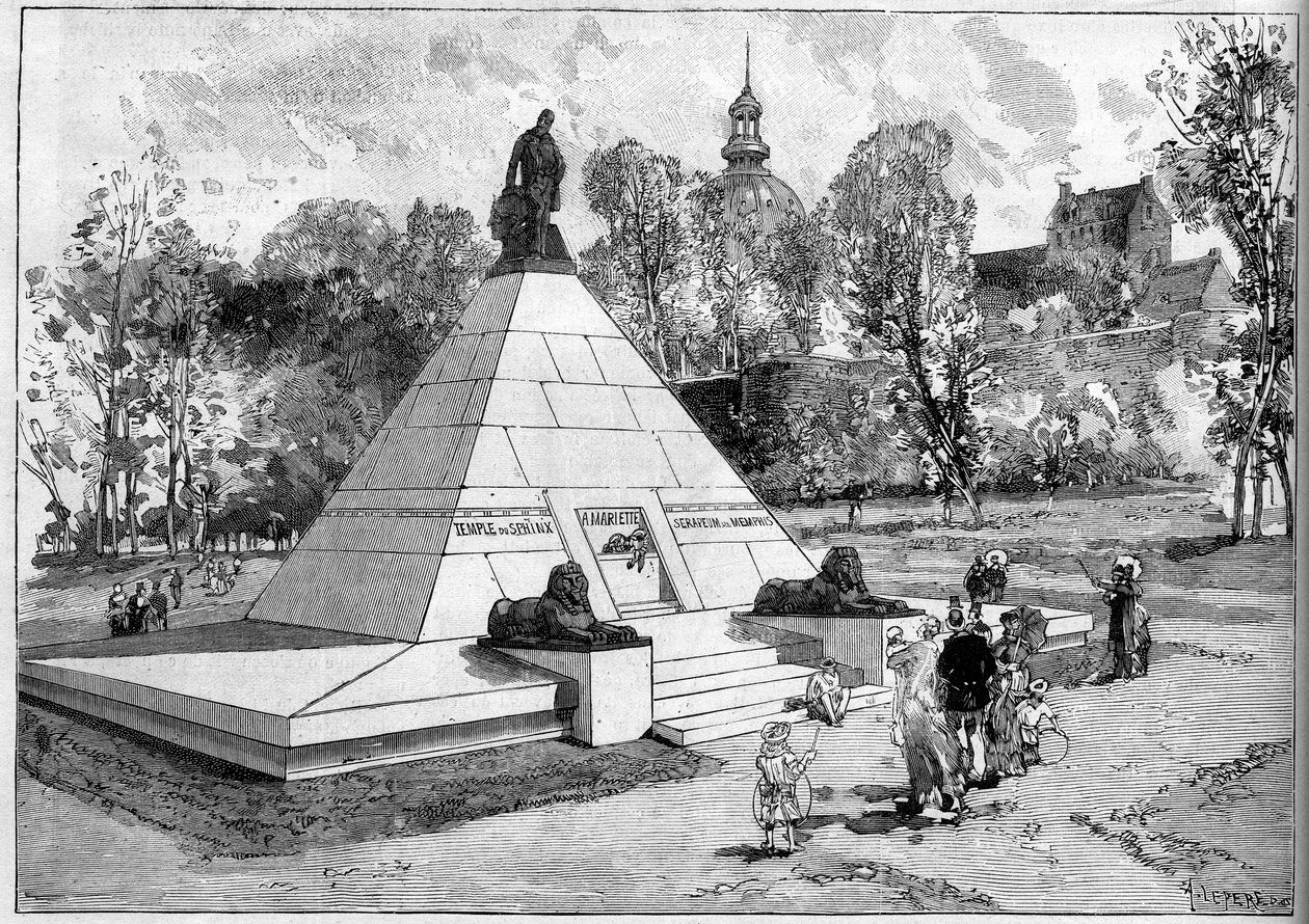 Utsikt over monumentet reist til minne om den franske egyptologen Auguste-Edouard (Auguste Edouard) Mariette (1821-1881) i Boulogne sur Mer (Boulogne-sur-Mer), Pas de Calais (62). Gravering av Lepere i ""Le Monde Illustre"" nr. 1322 av 29. juli 1882. av Auguste Lepere