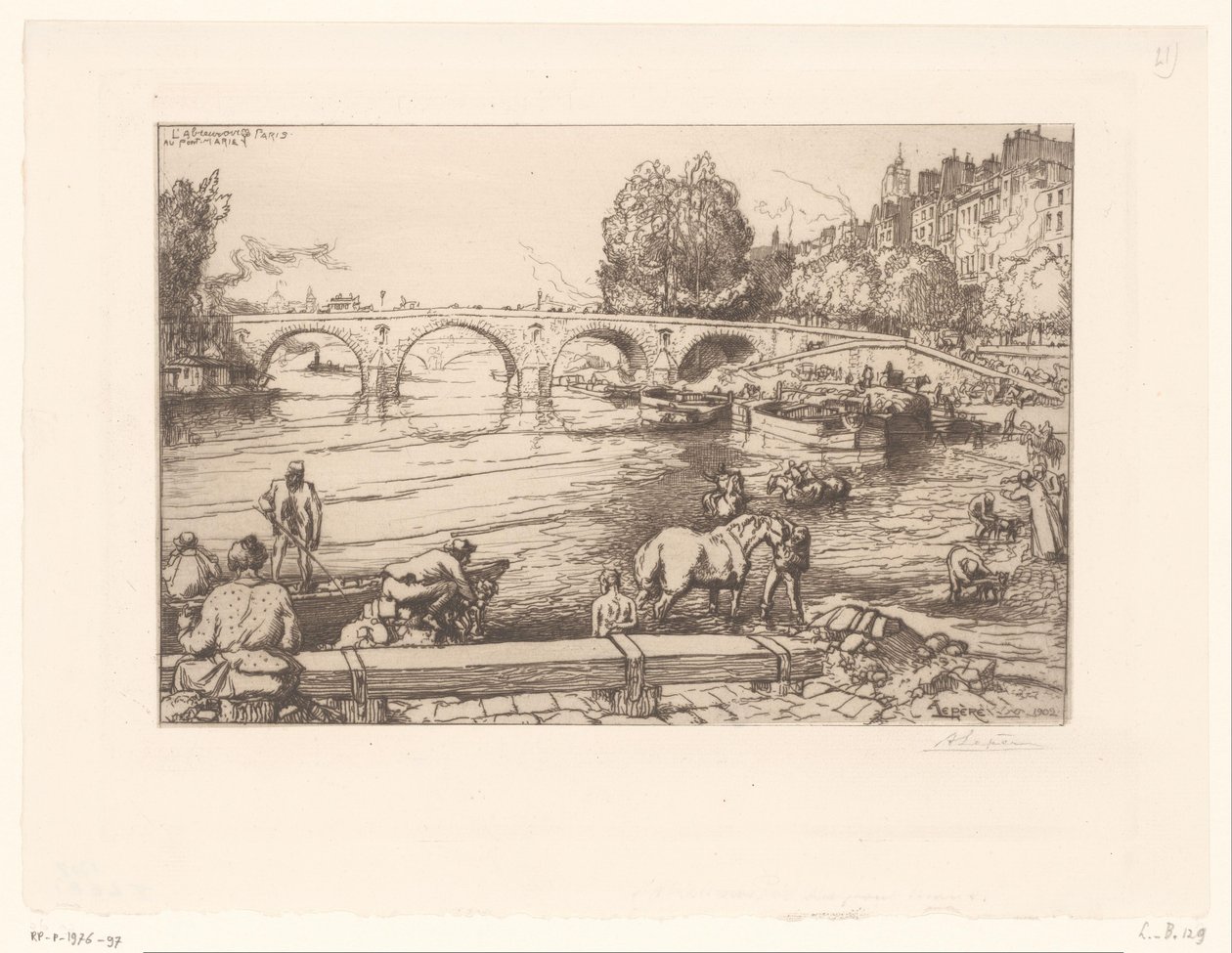 Utsikt over Pont Marie med figurer i Seinen L