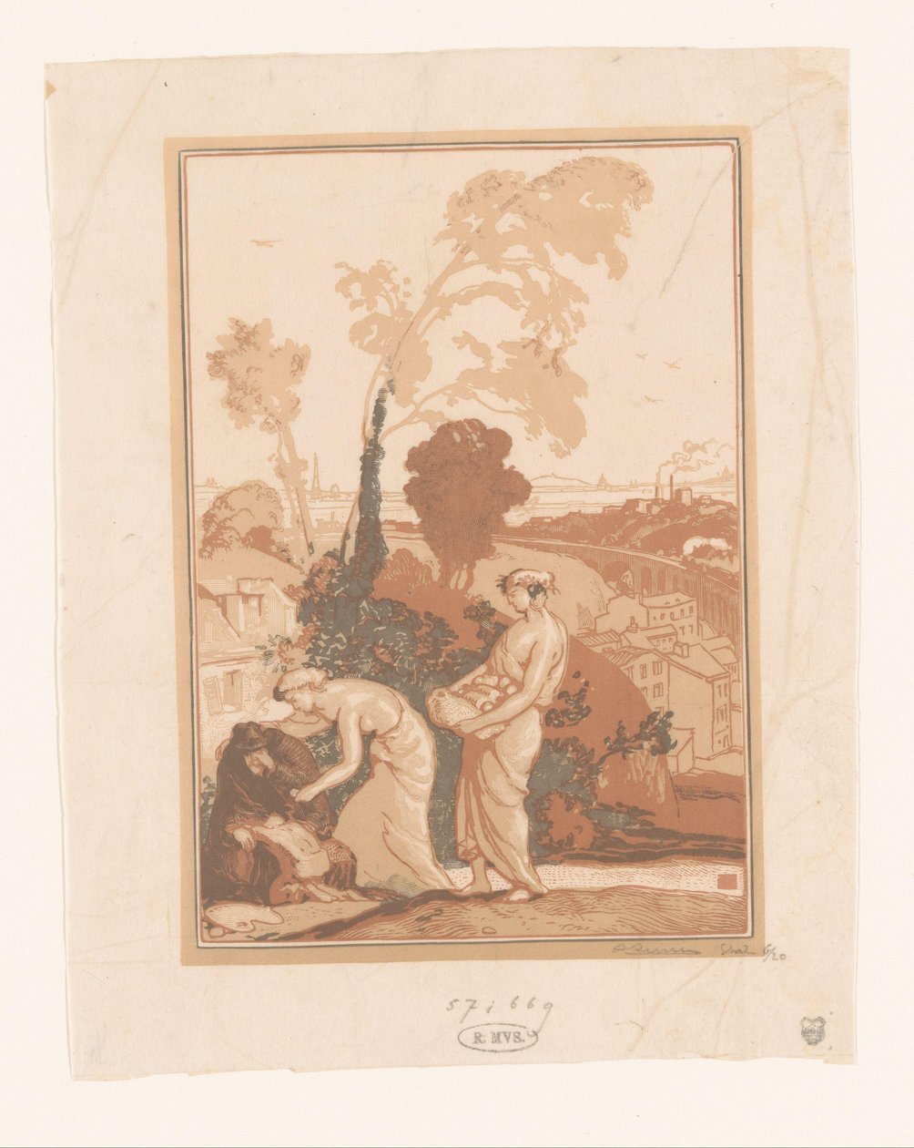 Musikk og poesi hjelper artisten La Musique et la Poesie secourant les Artistes av Auguste Lepère (signed by artist)