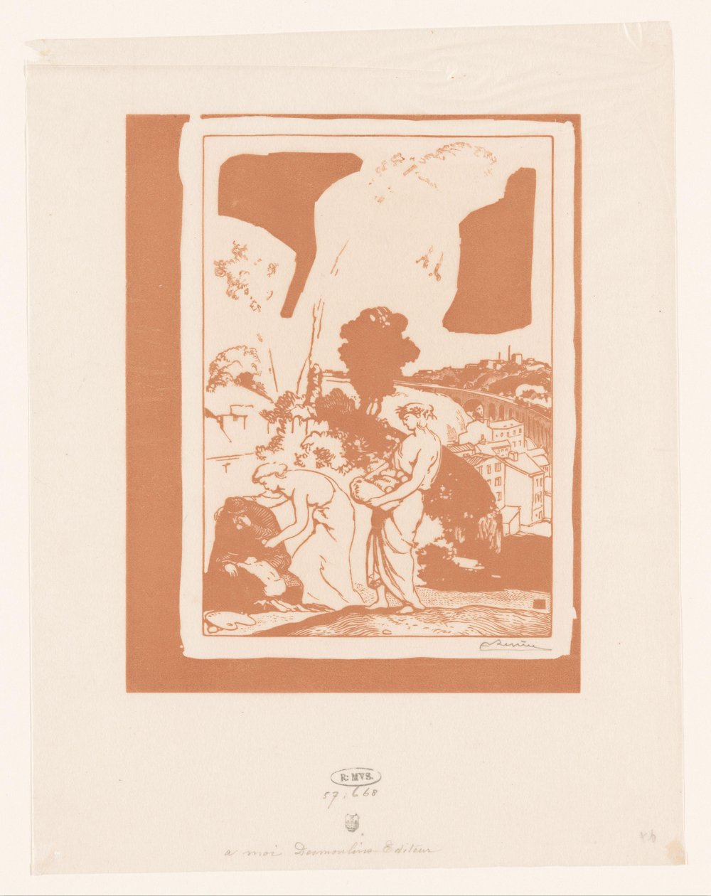 Musikk og poesi hjelper artisten La Musique et la Poesie secourant les Artistes av Auguste Lepère (signed by artist)