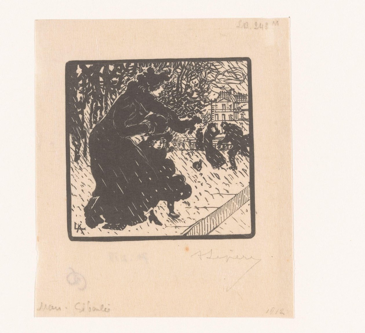 Kvinne og barn i dusjen Giboulées au Luxembourg Mars Giboulée (tittel på objekt) januar, februar og mars 1894 (serietittel) Janvier, Février et Mars 1894 (serietittel) av Auguste Lepère (signed by artist)