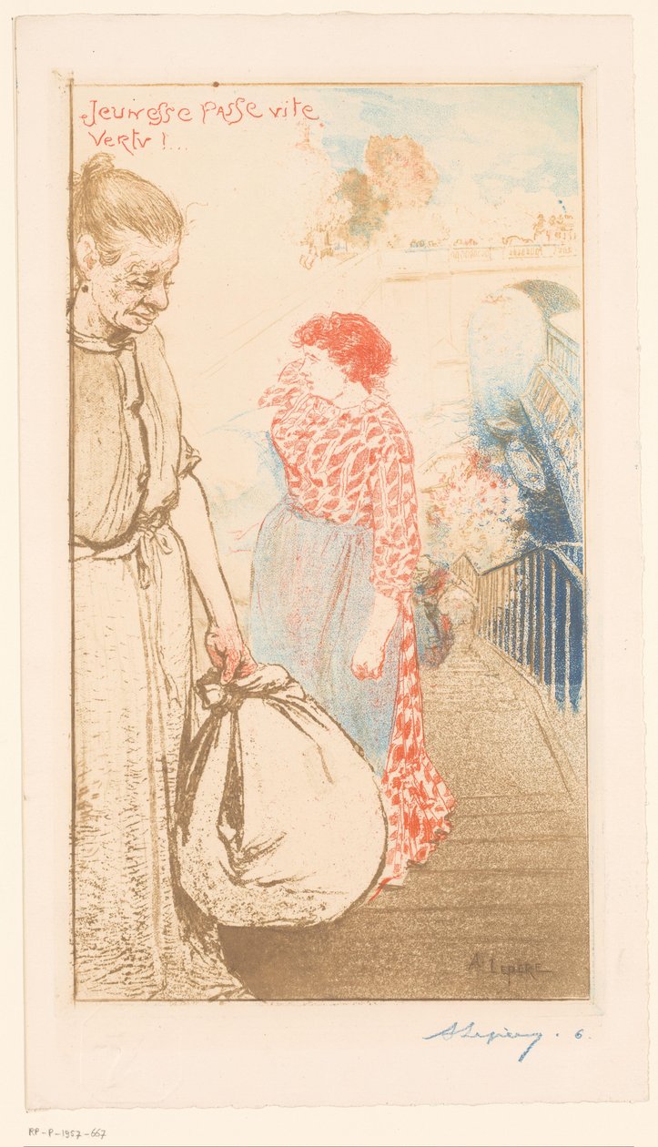 Vaskedamer på en trapp langs Seinen Jeunesse passe vite vertu! (tittel på objekt) av Auguste Lepère (signed by artist)