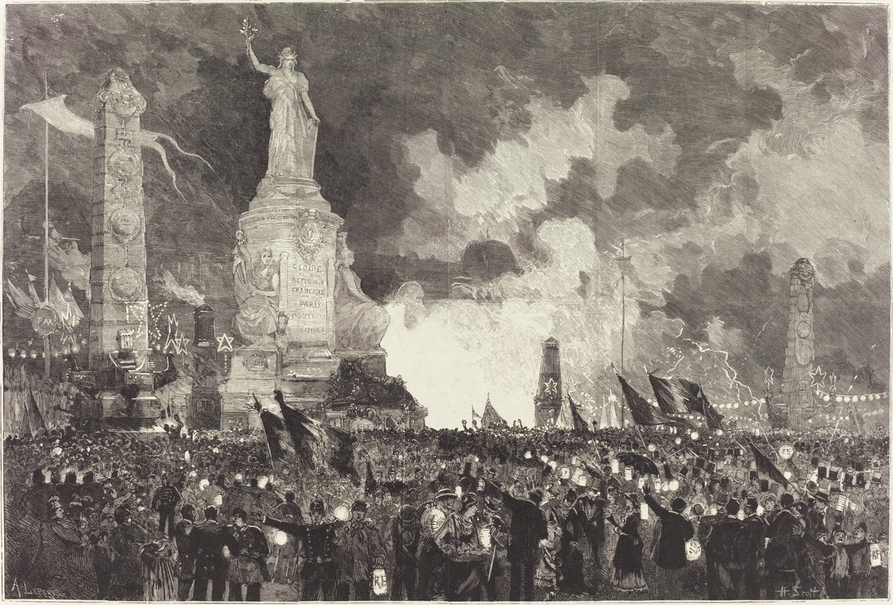 14. juli. Belysning av Republikkplassen av Auguste Lepère after Henri Louis Scott