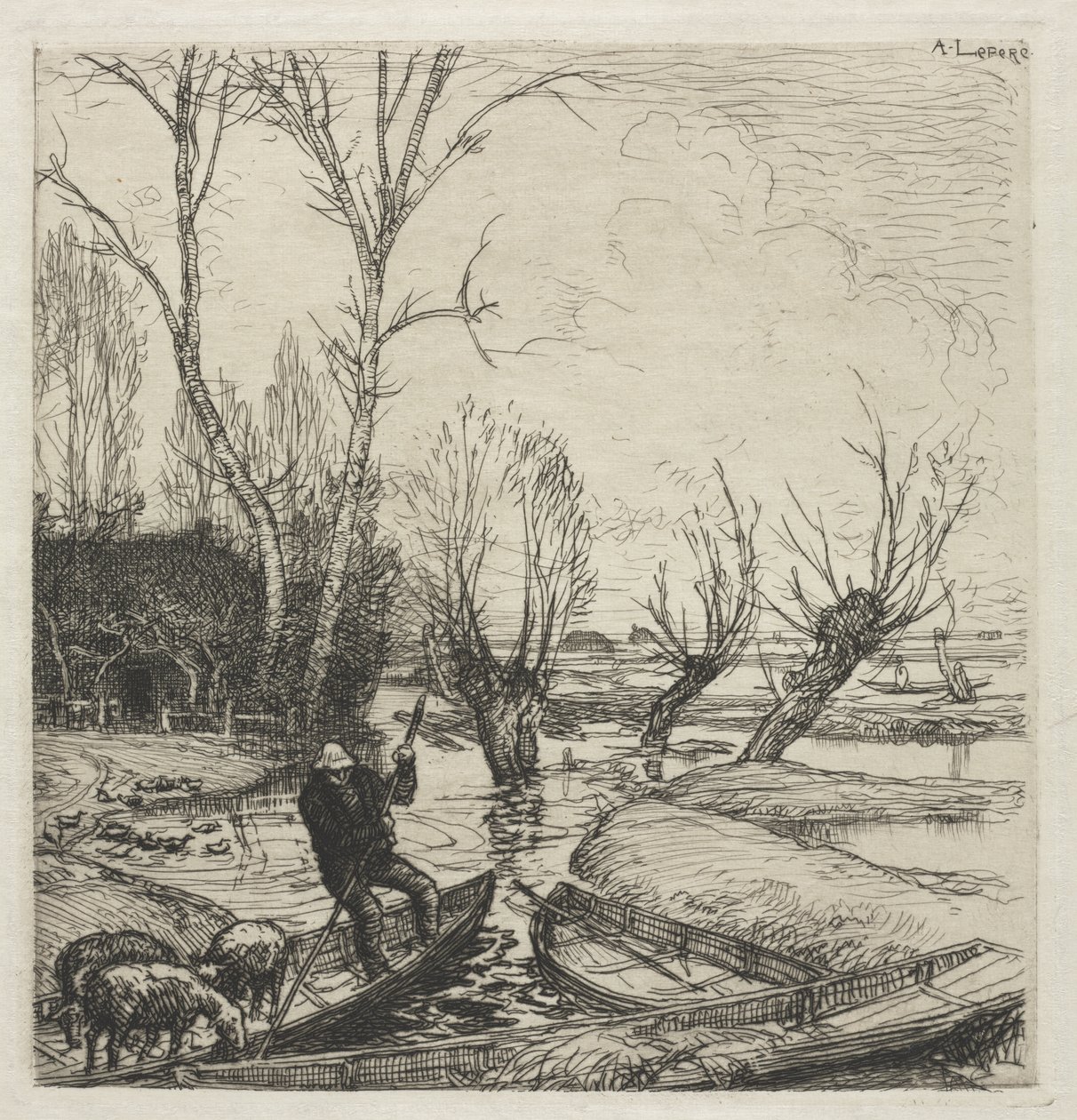 [Mann i en båt med tre sauer] av Auguste Louis Lepère
