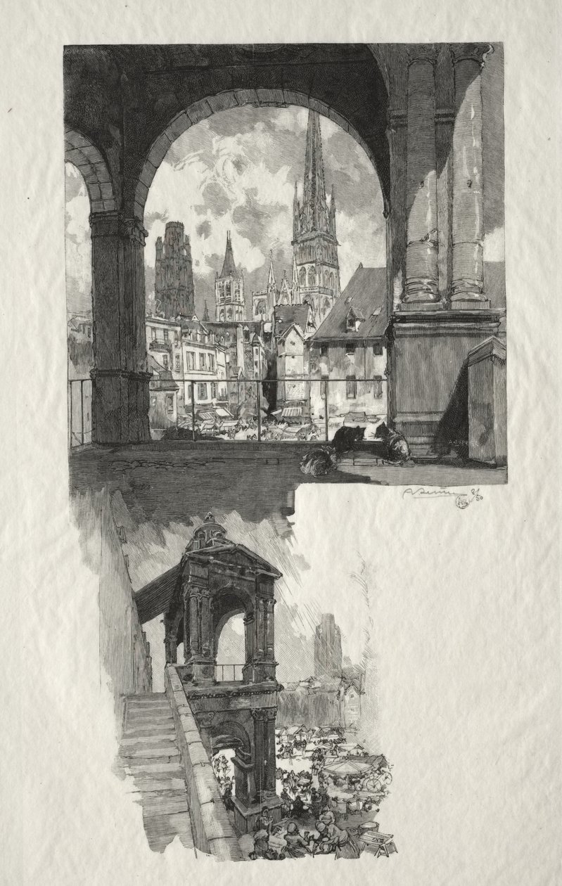 Illustrert Rouen: Place de la Haute Vieille Tour; Aedicule of Pride av Auguste Louis Lepère