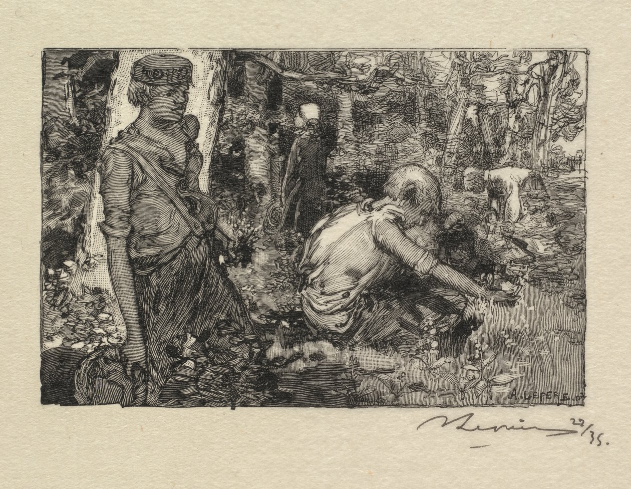 Fontainebleau-skogen: Gatherine Lily-of-the-Valley La Forêt de Fontainebleau..., 1890. av Auguste Louis Lepère