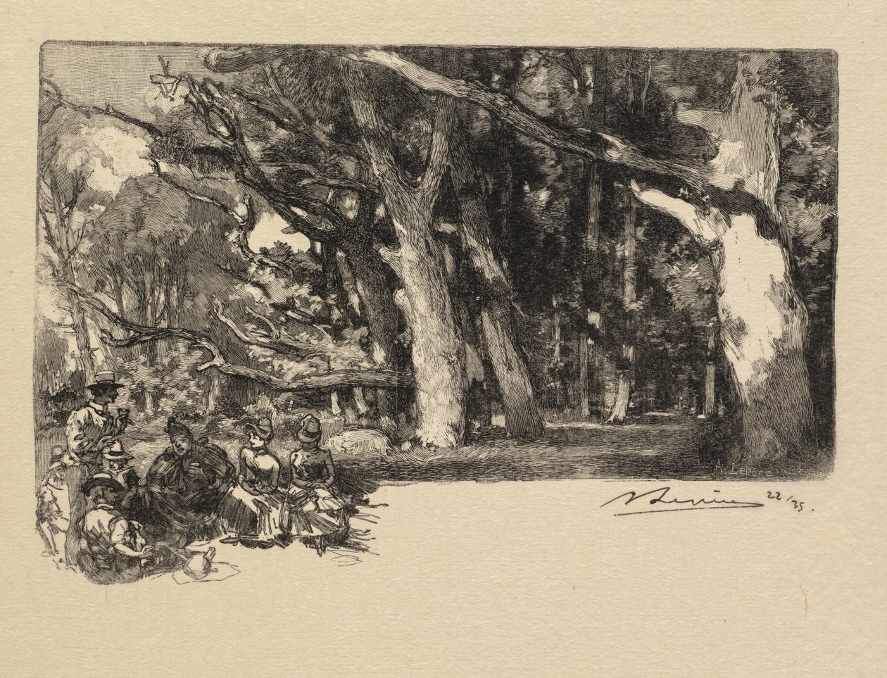 Fontainebleau-skogen: Middag under trærne La Forêt de Fontainebleau: Midi sous bois, 1890. av Auguste Louis Lepère