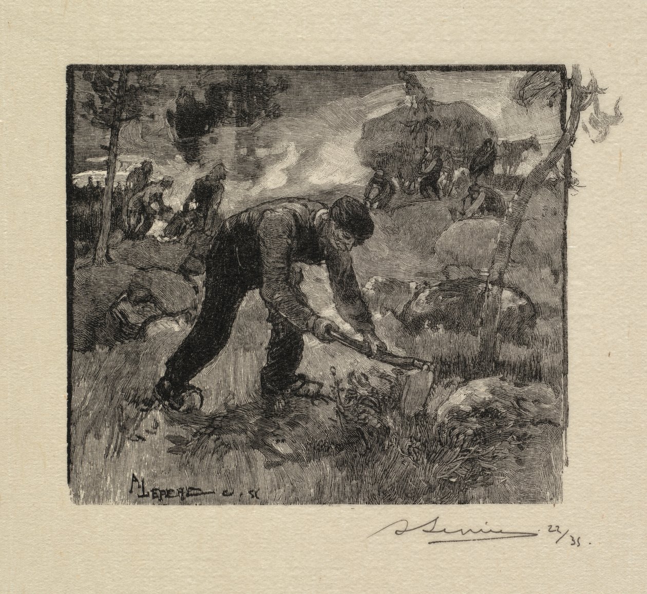 Fontainebleau Forest: Pulling the Heather La Forêt de Fontainebleau: Arracheurs de Bruyères, 1890. av Auguste Louis Lepère