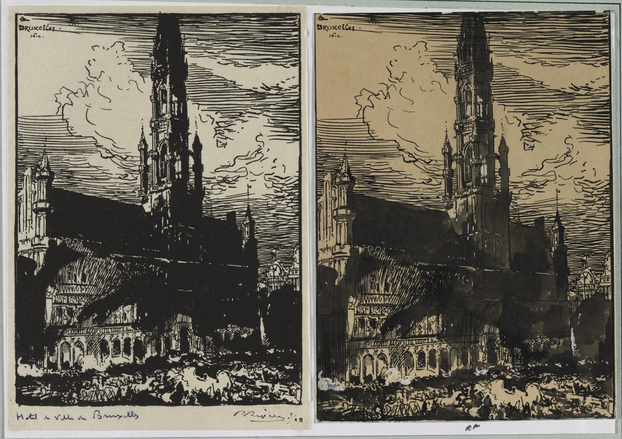 Brussel rådhus i brann, 1914. av Auguste Louis Lepère