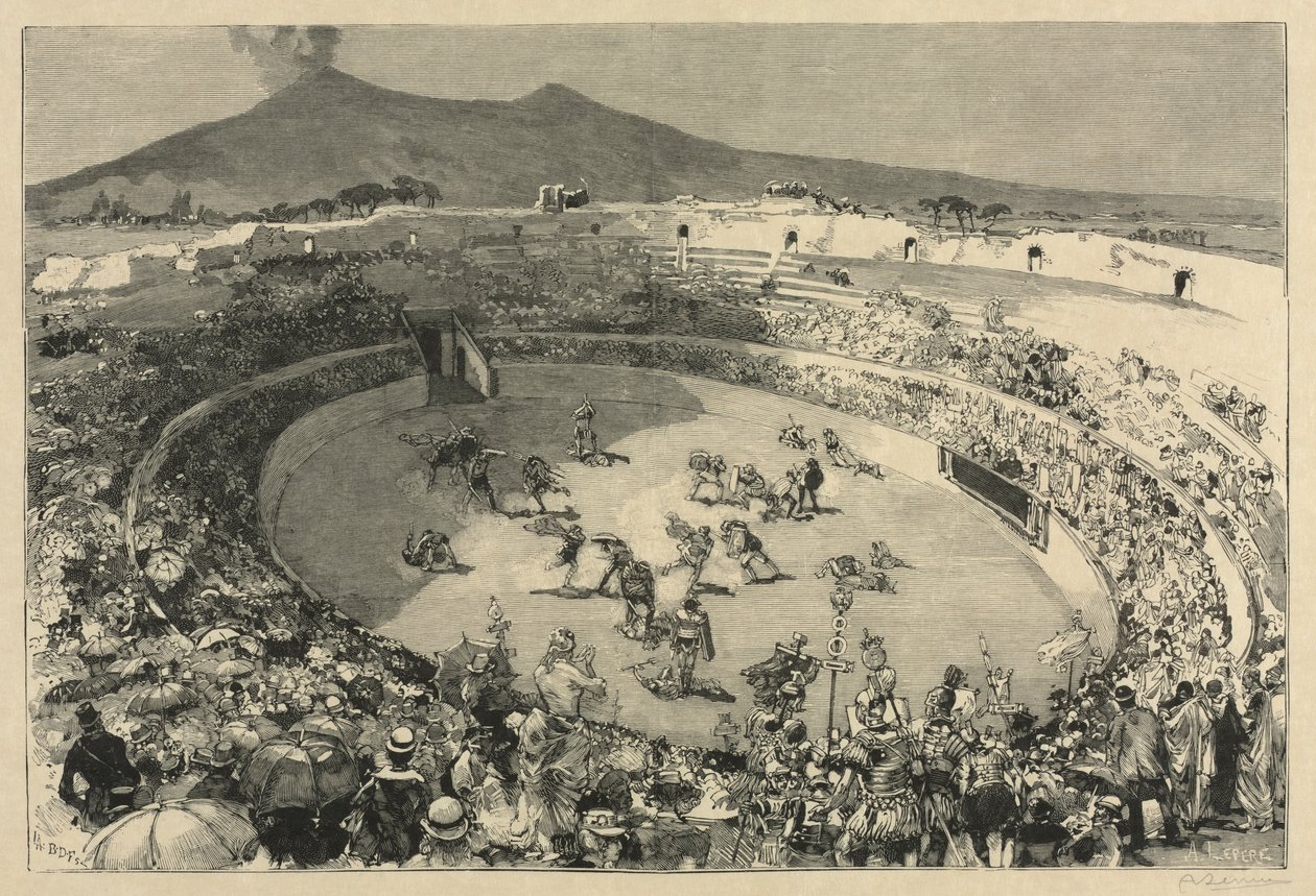 Italia. Festivalen i Pompei, Gladiatornes sirkus, 1884. av Auguste Louis Lepère