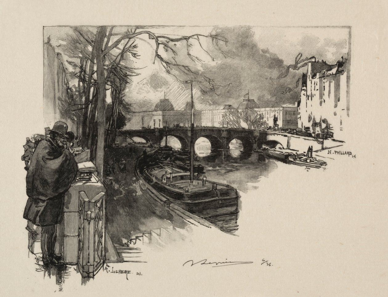 Den lille arm av Seinen ved Pont Neuf. av Auguste Louis Lepère