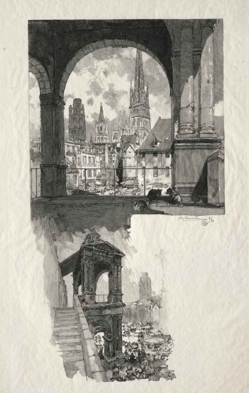 Illustrert Rouen: Place de la Haute Vieille Tour; Aedicule of Pride av Auguste Louis Lepère