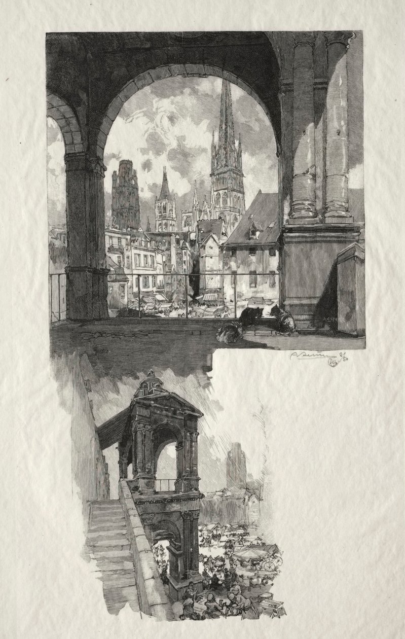 Illustrert Rouen: Place de la Haute Vieille Tour, Edicule de la Fierte, 1896. av Auguste Louis Lepère