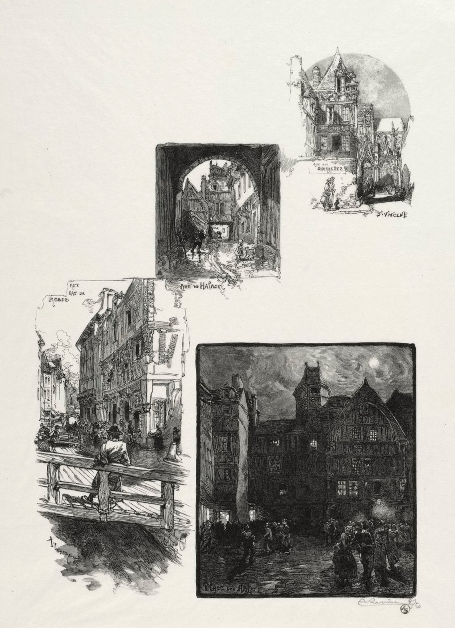 Illustrert Rouen: Rue des Charretes; Halage Street; Rue Eau de Robec; Kunstplassen av Auguste Louis Lepère