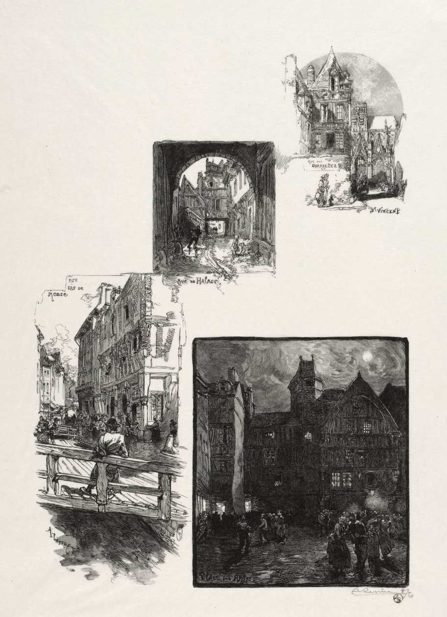 Illustrert Rouen: Rue des Charretes, Rue de Halage, Rue Eau de Robec, Place des Arts, 1896. av Auguste Louis Lepère