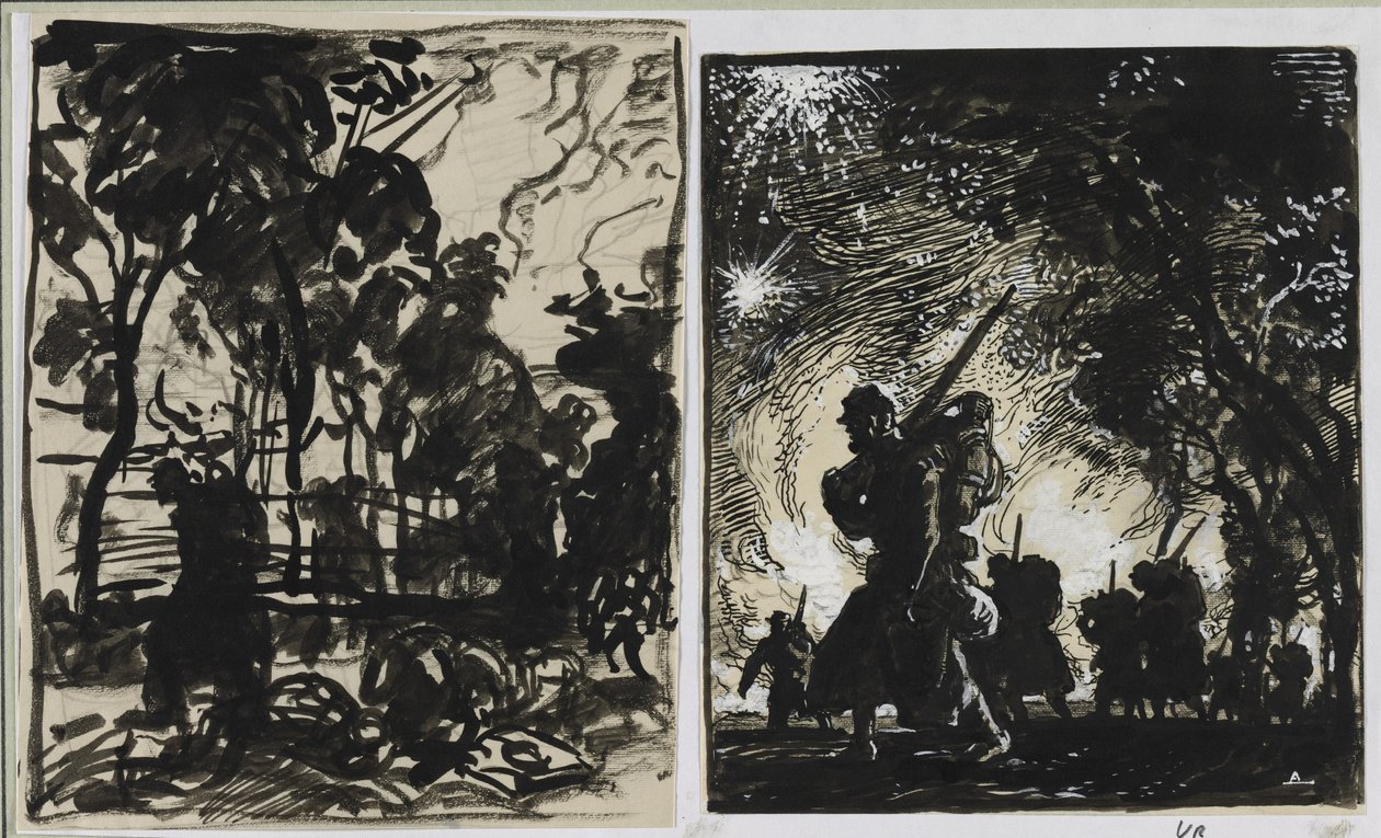 Nattscene, patrulje i utkanten av en skog, 1914. av Auguste Louis Lepère