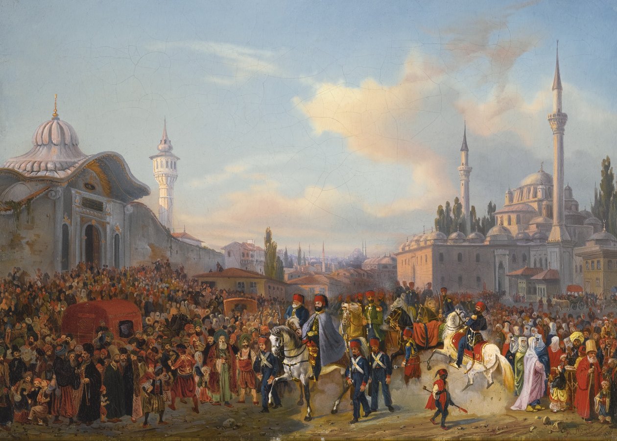 Sultan Mahmud II forlater Bayezid-moskeen, Konstantinopel, 1837 av Auguste Etienne Francois Mayer