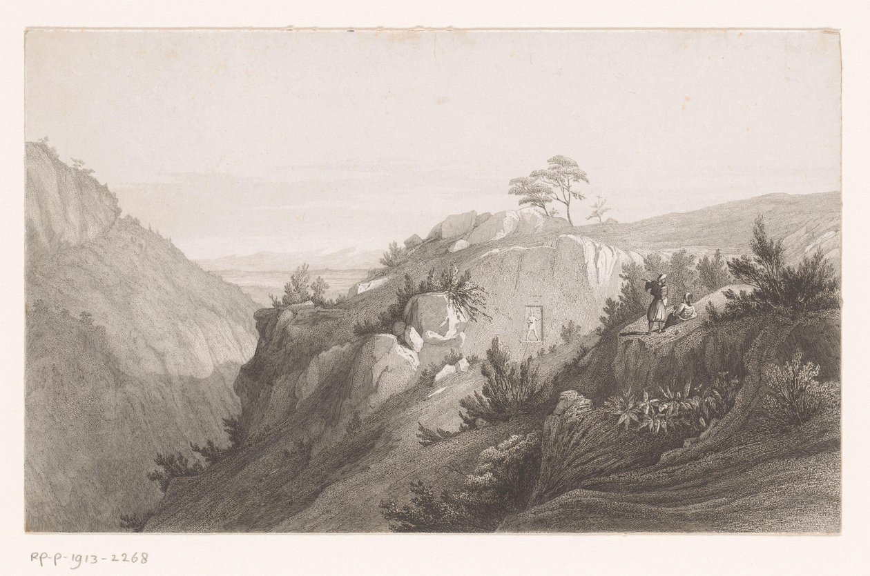 Fjelllandskap med en figur hugget inn i steinene av Auguste Numans (attributed to)