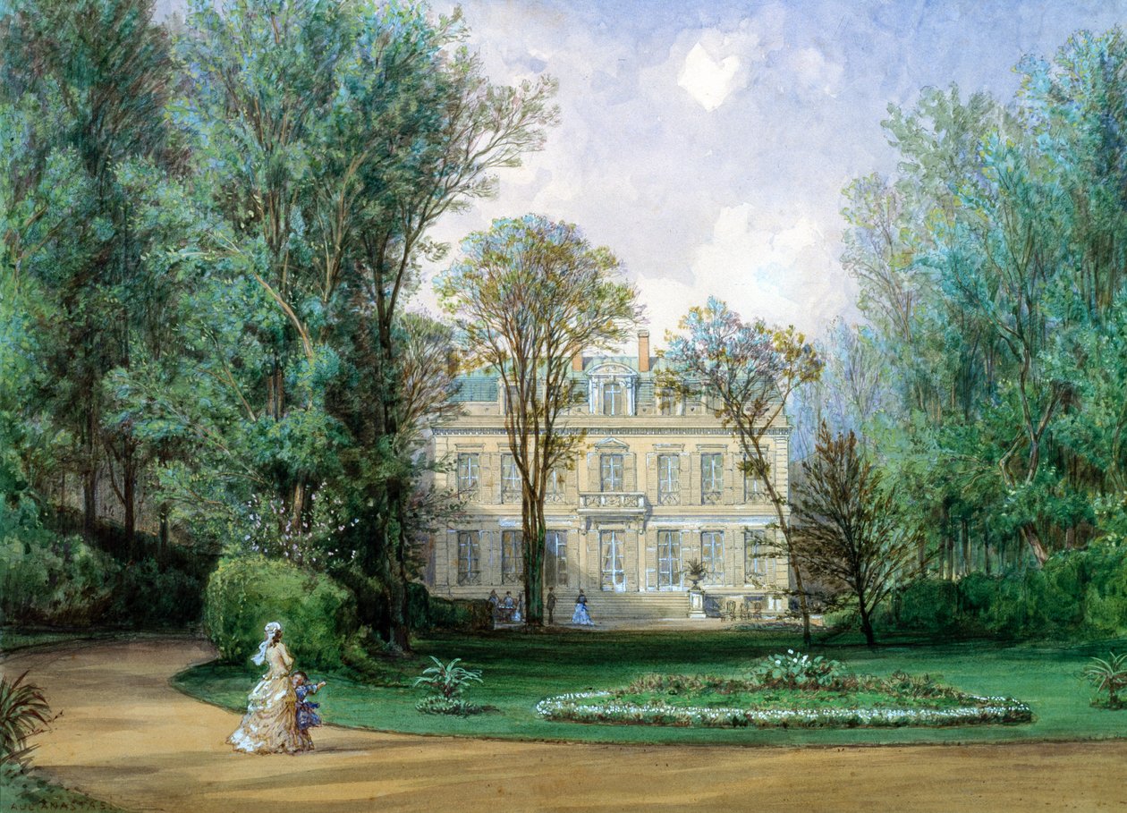 Hotel Rainbeaux, Avenue des Champs Elysees og 57 Rue de Ponthieu, Paris, 1868 (wc på papir) av Auguste Paul Charles Anastasi