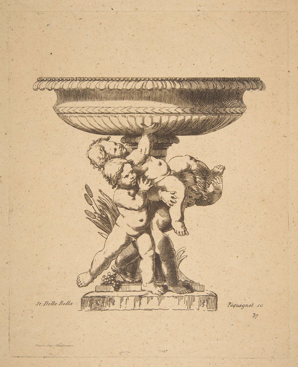Ornamental design av tre barn som holder opp en fontene, 1800-tallet. av Auguste Pequegnot