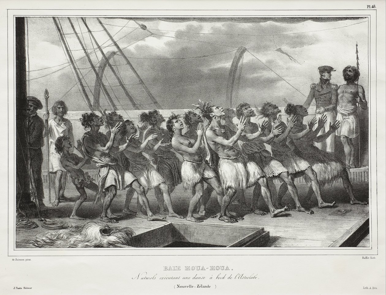 Houa-Houa-bukten, innfødte utfører en dans om bord på Astrolabe (New Zealand) av Auguste Raffet