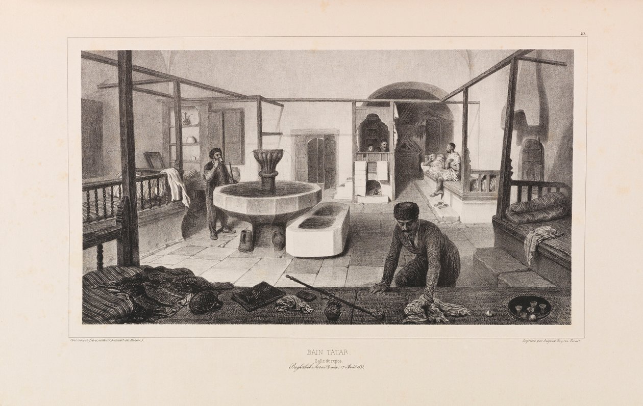 Tatarisk bad, hvilerom. Fra Voyage dans la Russie av Anatole de Demidoff, 1837. av Auguste Raffet