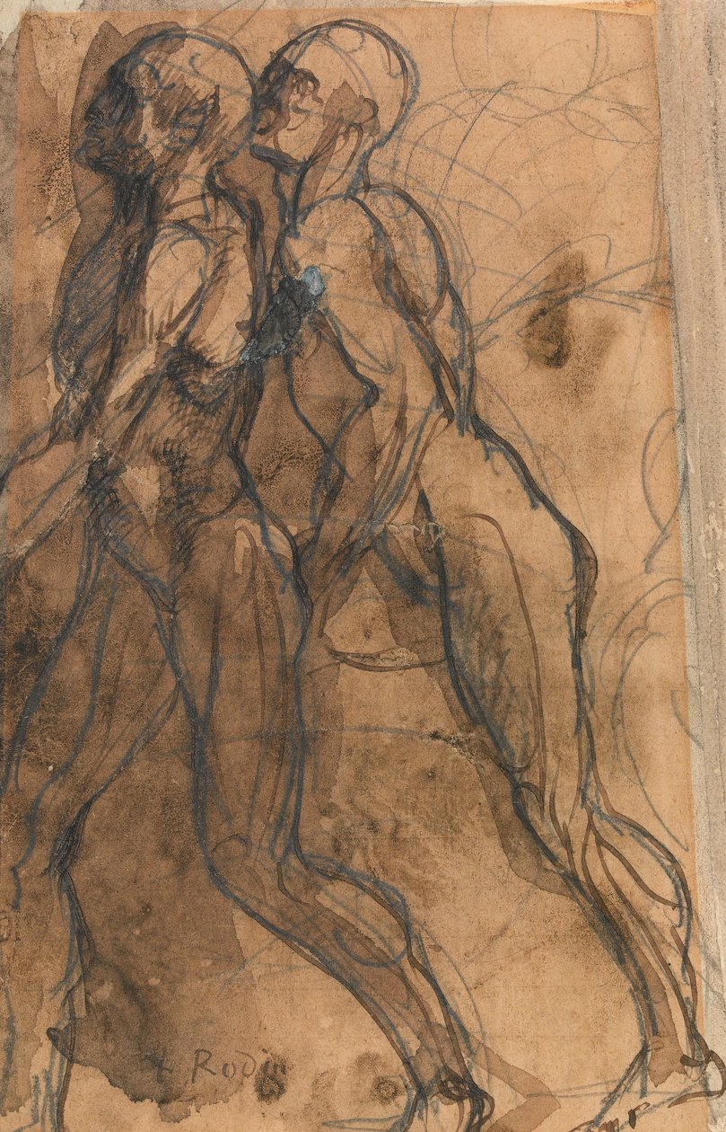 The Shades nærmer seg Dante og Virgil (grafitt, penn og mørk sepia vask på brunpapir) av Auguste Rodin