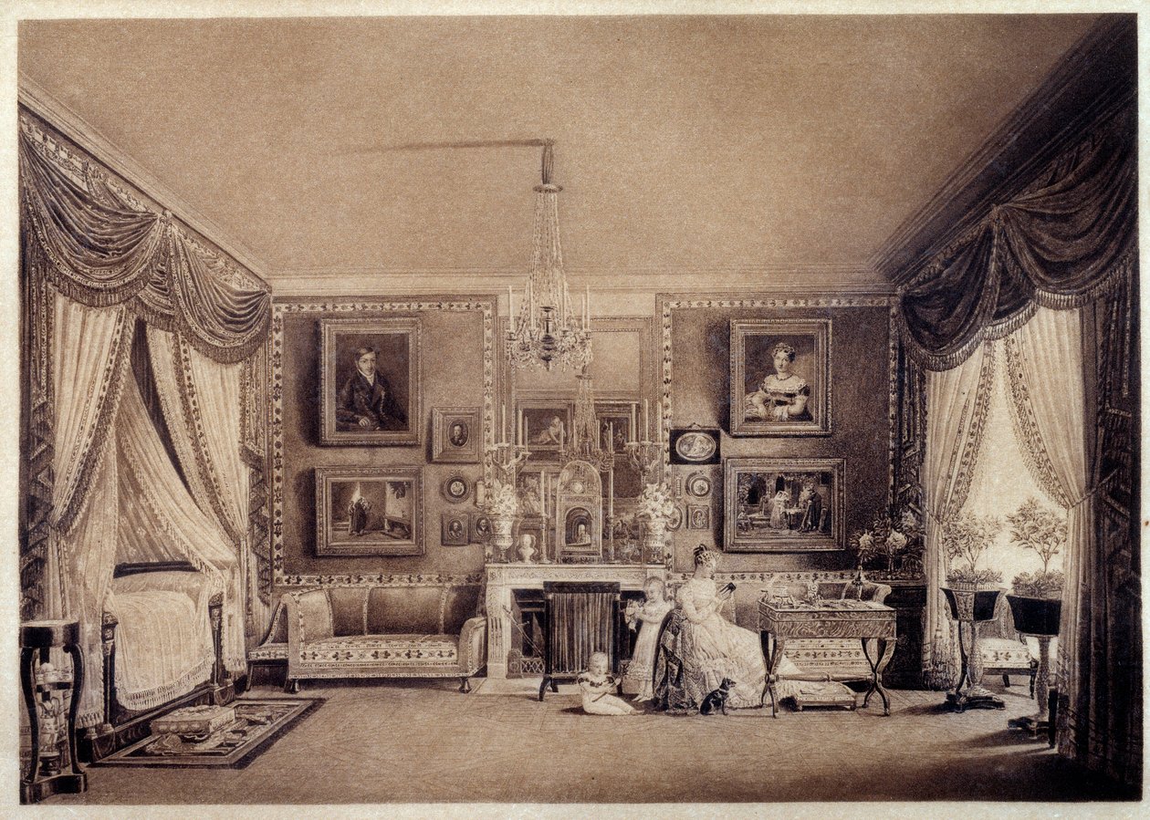 Soverom til hertuginnen av Berry på Tuileriene. Tegning av Auguste Garneray (1785-1824) av Auguste Simon Garneray