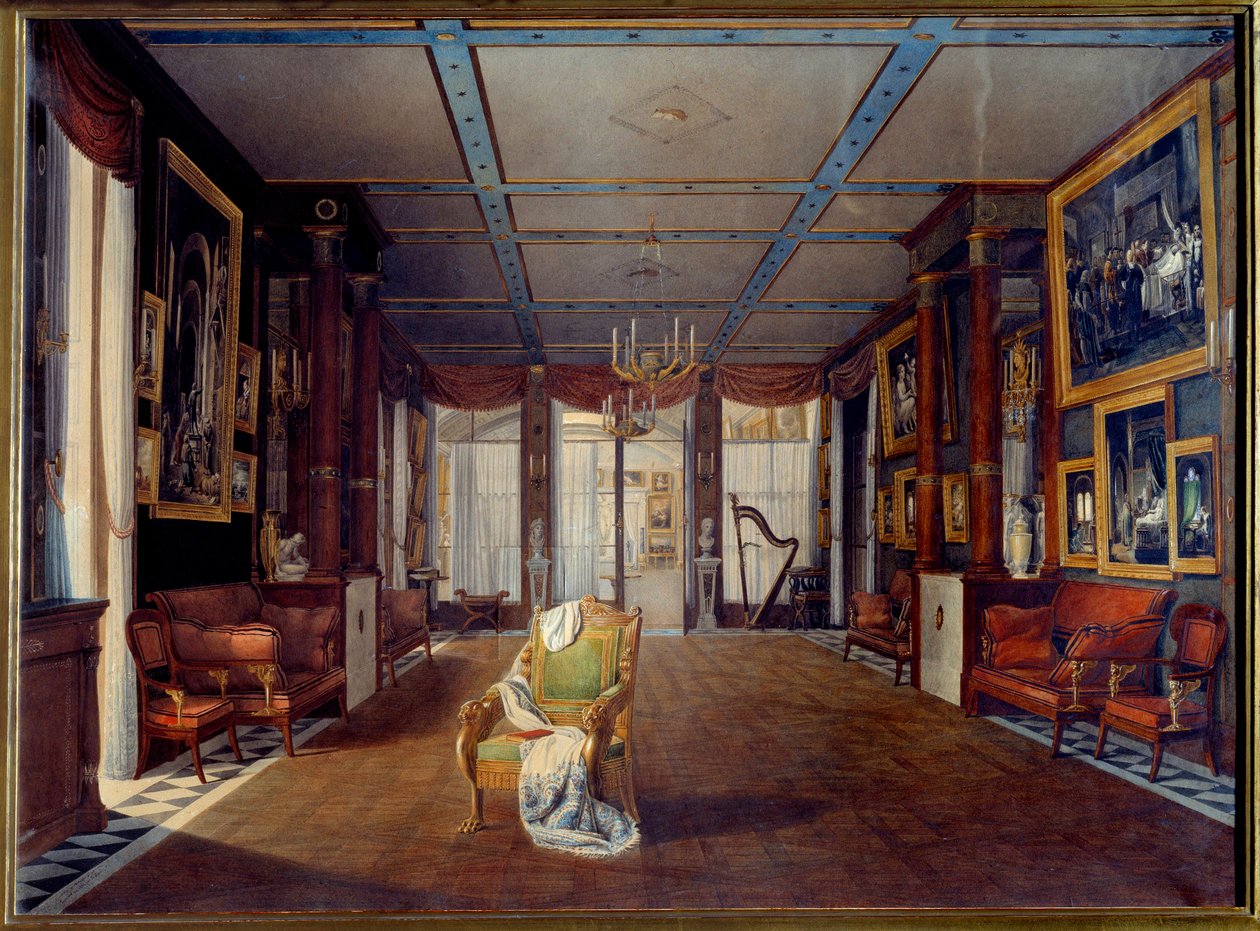 Musikkrommet på Chateau de la Malmaison i 1812 Maleri av Auguste Garneray (1785-1824) 1812 Søn. 0,66x0,91 m Malmaison, slottsmuseum av Auguste Simon Garneray