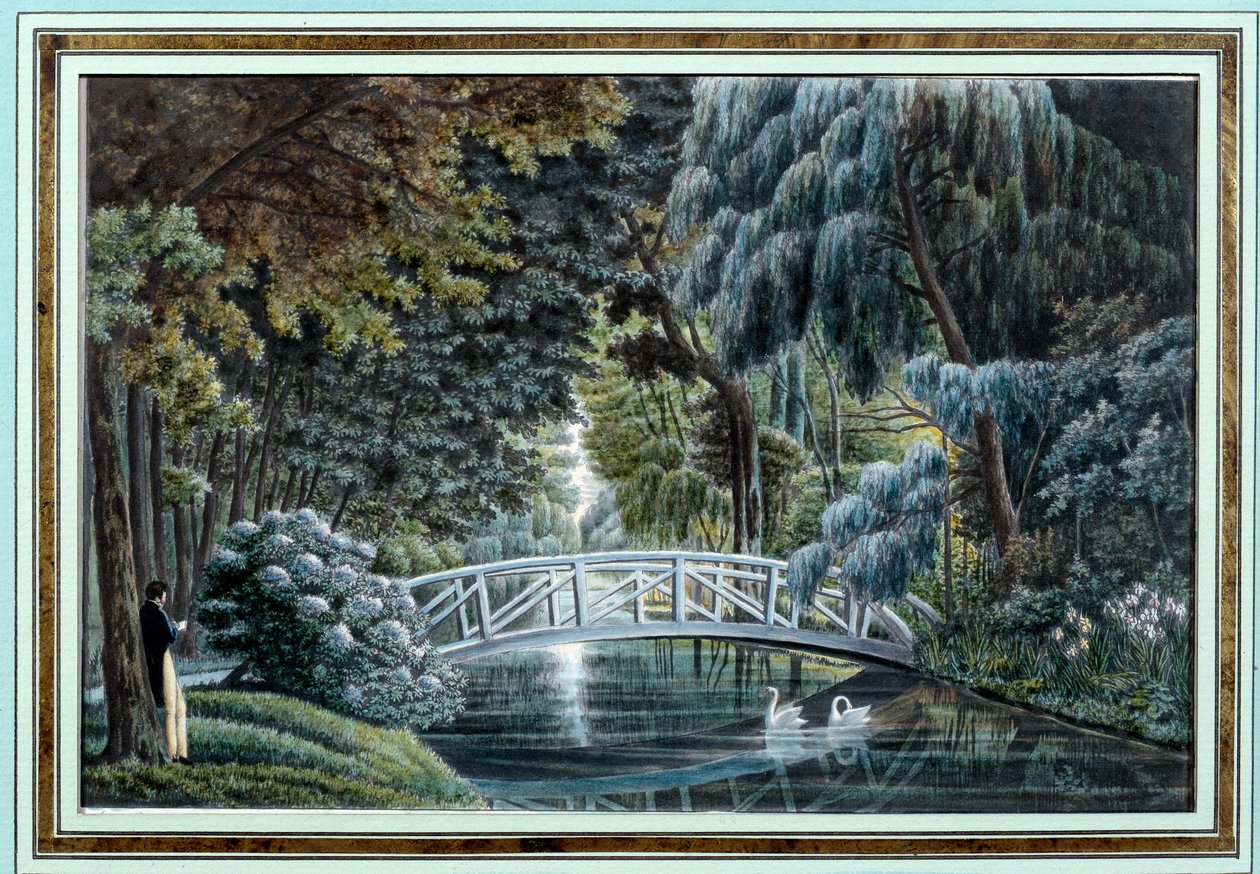 Utsikt over trebroen over elven til venstre for slottet Malmaison Watercolor d