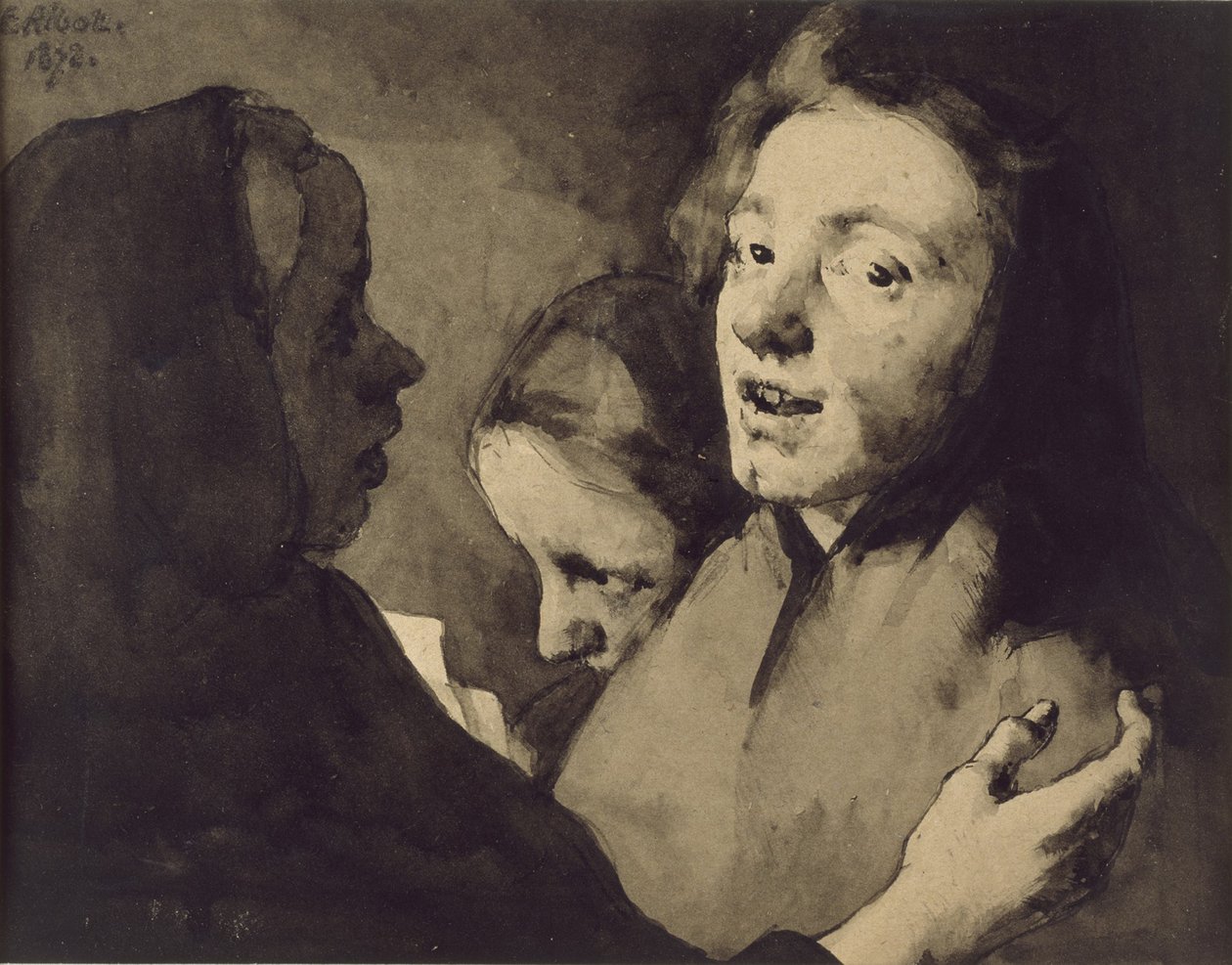 Conversation Piece: Three Heads, 1872 (svart blekkvask på papir) av Auguste Theodule Ribot