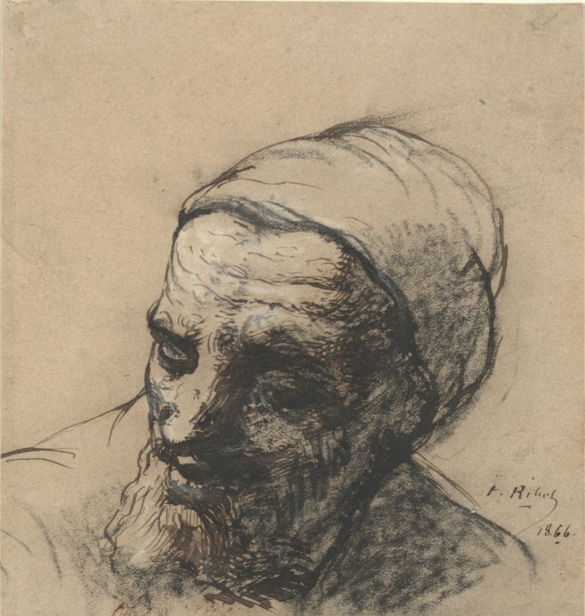 Hodet til en gammel mann med skjegg og lue av Auguste Theodule Ribot