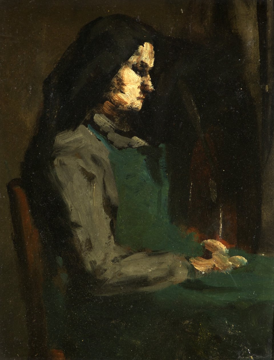 Kvinne med grønt forkle (olje på papp) av Auguste Theodule Ribot