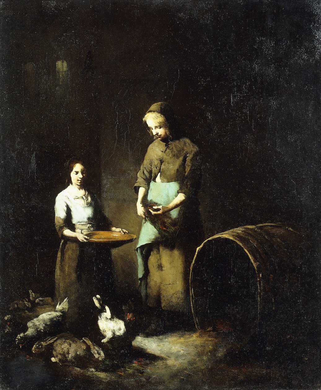 Unge bondepiker som mater gårdsdyr, av Auguste Theodule Ribot
