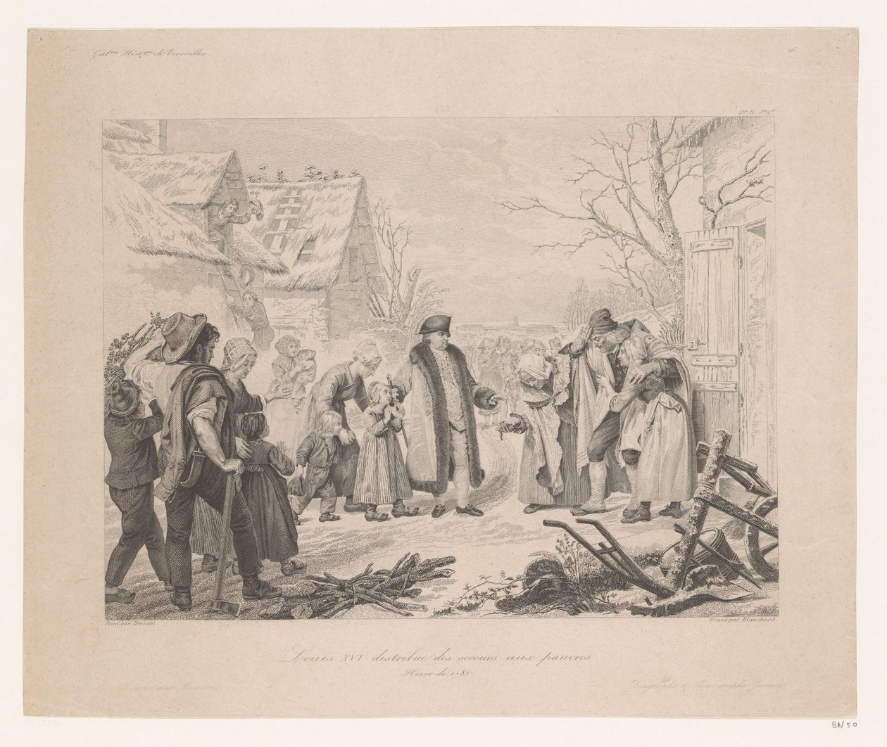 Louis XVI på besøk i et fattig nabolag Louis XVI distribution des secours aux pauvres (tittel på objekt) av Auguste Thomas Marie Blanchard