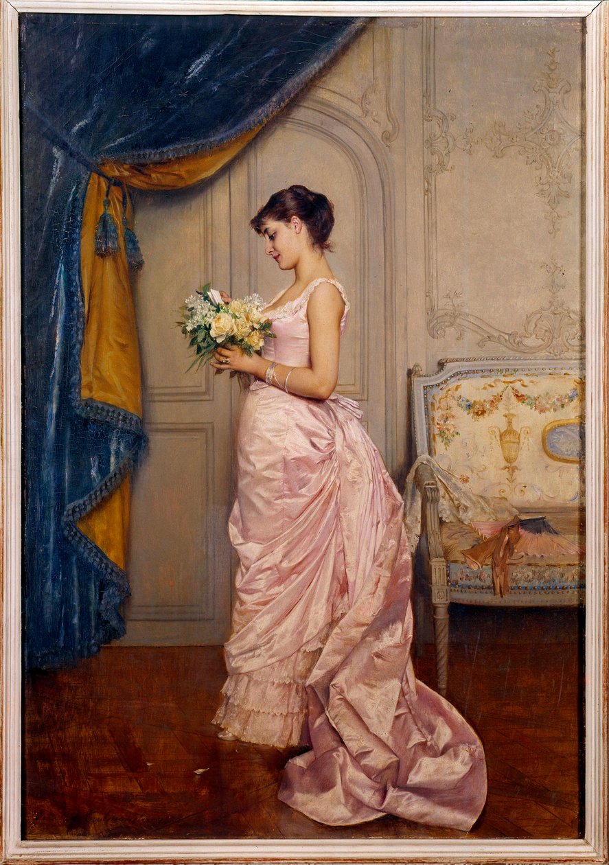 Sweet Ticket En ung kvinne leser et kjærlighetsbrev fra en beundrer med en bukett blomster. Maleri av Auguste Toulmouche (1829-1890) 1883 Søn. 0,66x0,45 m Nantes, musee des Beaux Arts av Auguste Toulmouche