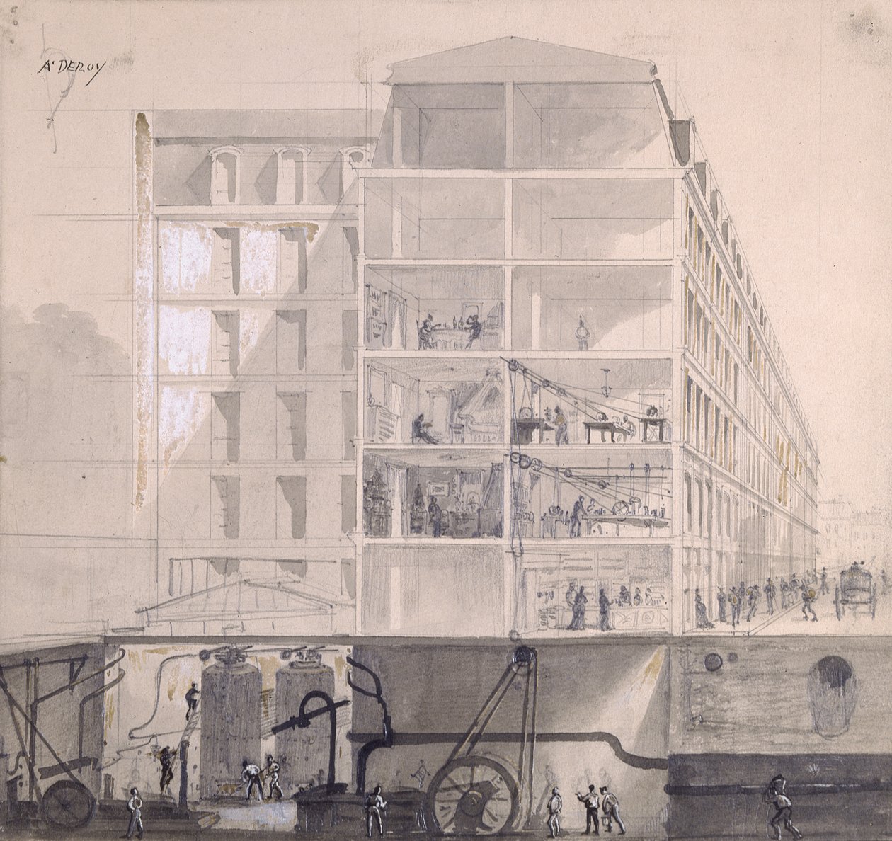Tverrsnitt av arbeiderboliger i XI. arrondissement i Paris, ca. 1875 (penn og blekk og gouache på papir) av Auguste Victor Deroy