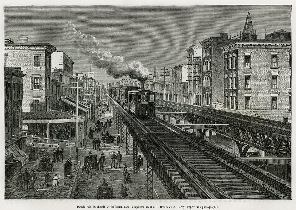 Dobbeltspor av Airline Railway på Seventh Avenue, New York, New York. Edouard de Laveleye, i 1878-1879, publisert i Tour du monde, under ledelse av Edouard Charton (1807-1890) av Auguste Victor Deroy