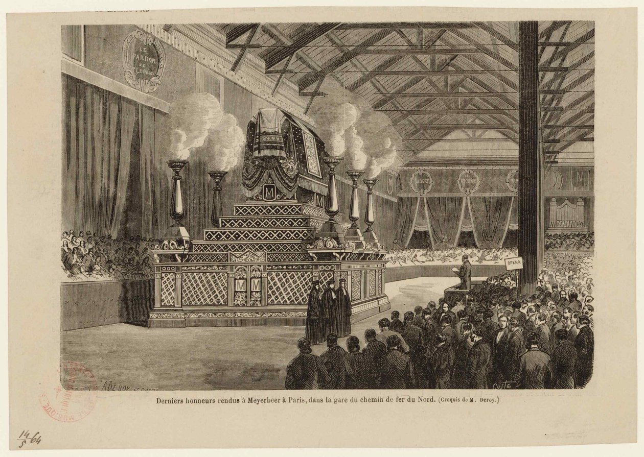 Siste æresbevisning til Giacomo Meyerbeer i Paris, på Northern Railway Station 6. mai 1864, ca 1864. av Auguste Victor Deroy