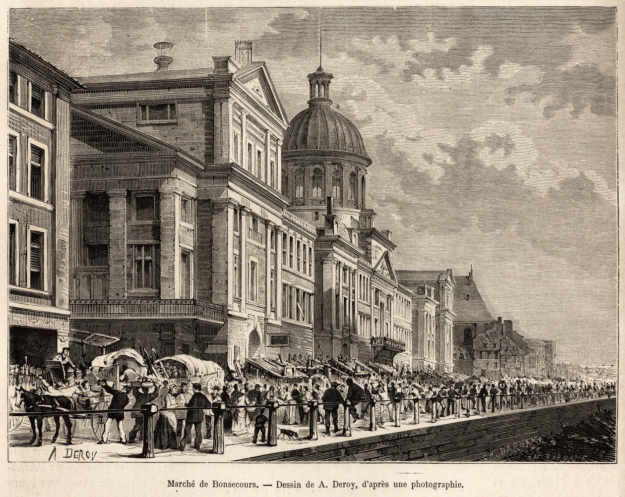 Le marche de Bonsecours, et turist- og kultursenter i Montreal, gravert etter en tegning av A.Deroy, som illustrerer ekskursjonen til Canada og Riviere Rouge du nord, av H. De Lamotte, i 1873, publisert i "" Le tour du monde””” 1875, redigert av Edou av Auguste Victor Deroy