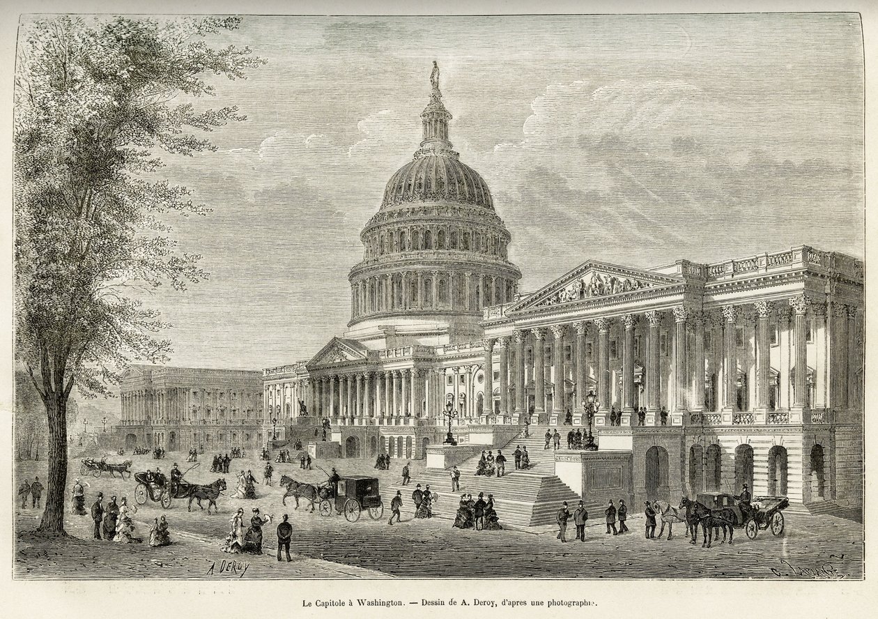 Capitol, sete for lovgiver, bygget mellom 1793 og 1830, i Washington (District of Columbia), hovedstaden i USA. Gravering etter A.Deroys tegning, for å illustrere historien La conquete blanche, av William Hepworth Dixon, i 1875, s. av Auguste Victor Deroy