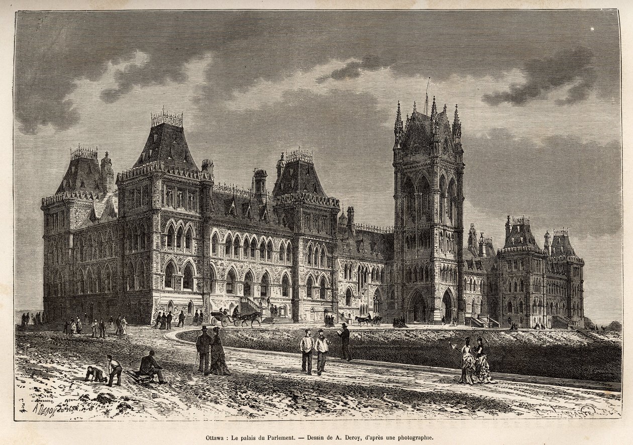 Parlamentspalasset i Ottawa, bygget mellom 1859 og 1876, gravert etter en tegning av A.Deroy, som illustrerer ekskursjonen til Canada og den røde elven i nord, av H. De Lamotte i 1873, publisert i "" Le tour du monde””” 1875, redigert av Edouard av Auguste Victor Deroy