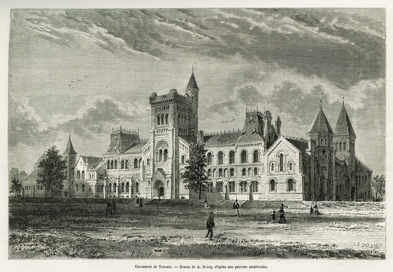 University of Toronto, tegning av A.Deroy, for å illustrere historien om en ekskursjon til Canada og Northern Red River i 1873 av H. de Lamotte. Gravering i Le tour du monde av Auguste Victor Deroy