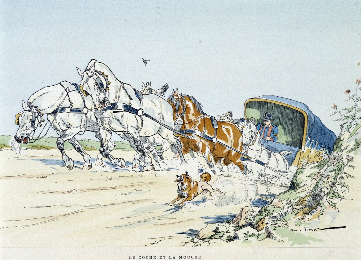 Treneren og flua - i "" Fables of La Fontaine, ill. av Auguste Vimar (1851-1916), Tours, hos A, Mame & Son av Auguste Vimar