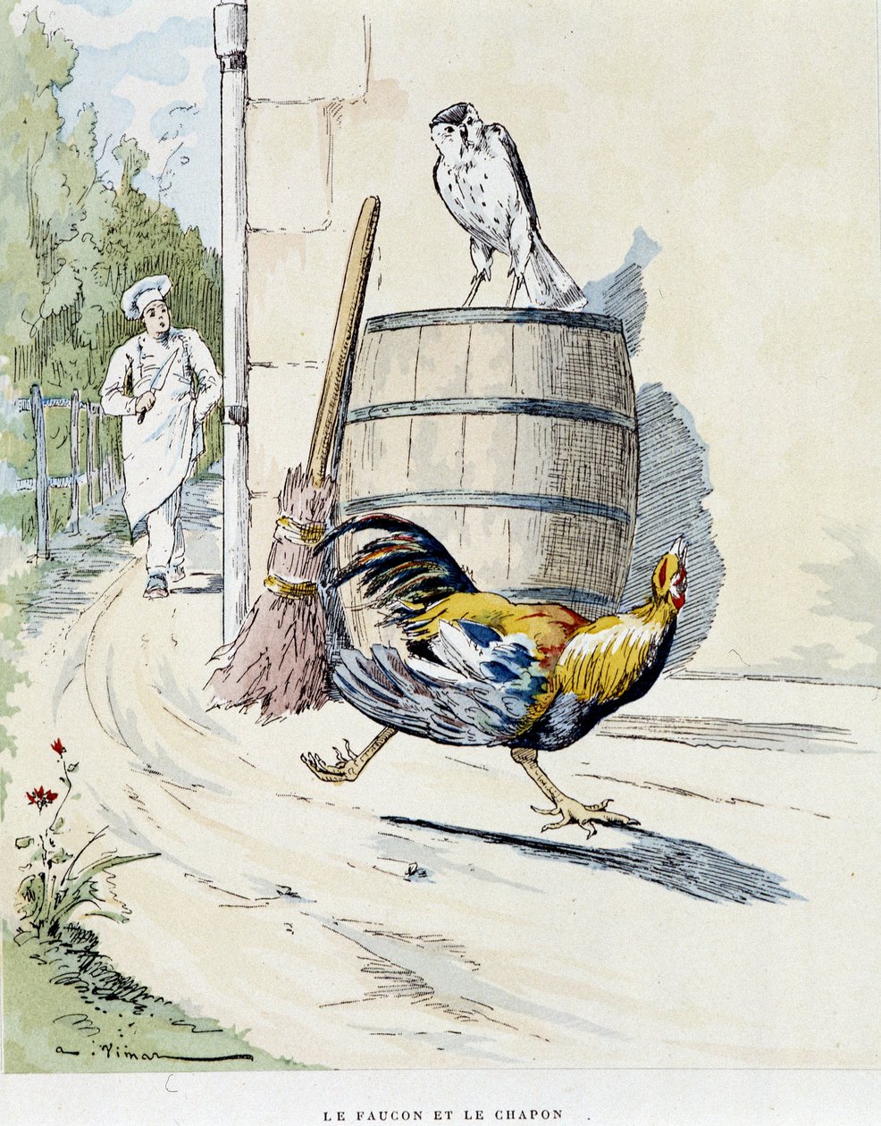 Falken og kaponen i "" Fables of La Fontaine, ill. av Auguste Vimar (1851-1916), Tours, hos A, Mame & Son av Auguste Vimar